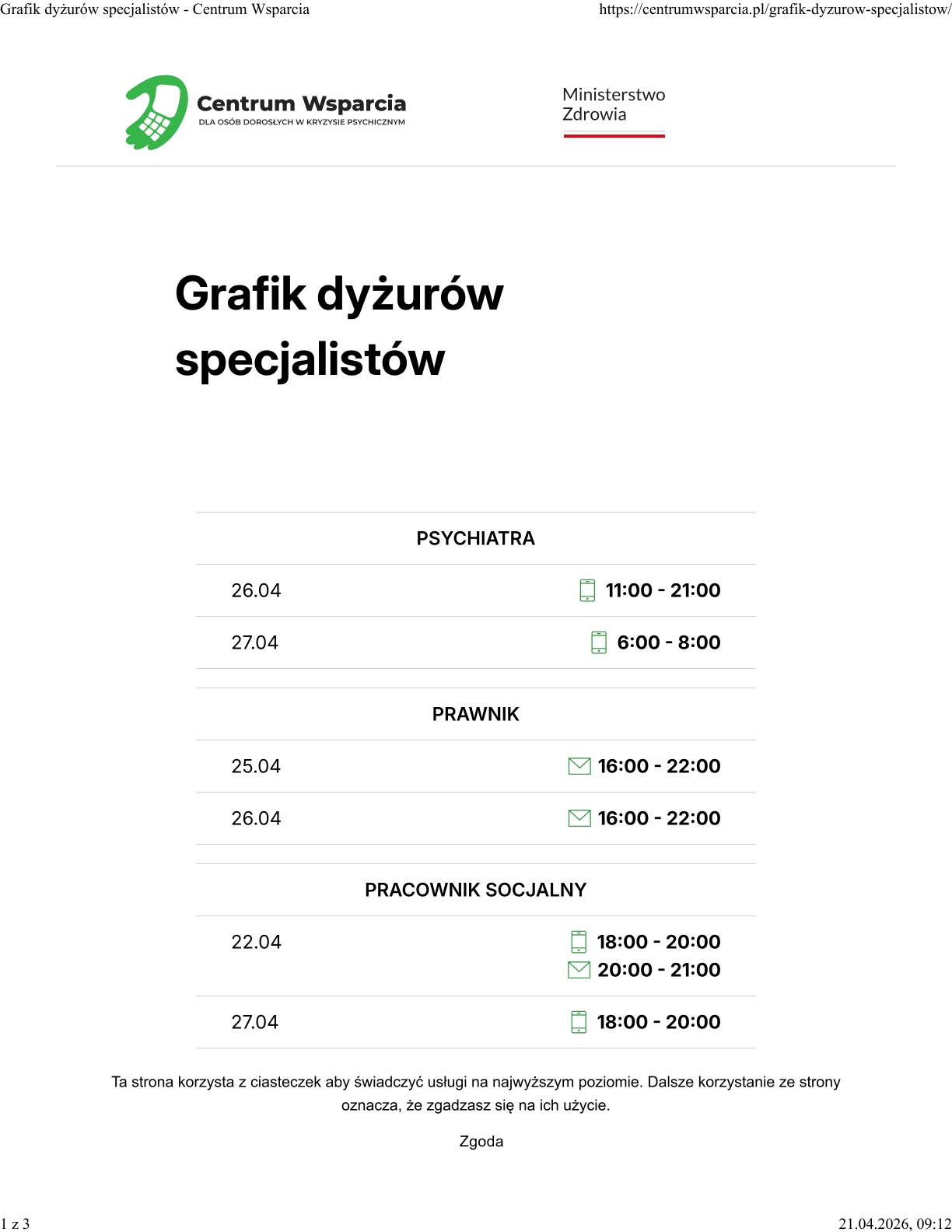 Ilustracja do informacji: Grafik dyżurów specjalistów - kwiecień 2026